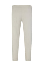 Achteraanzicht van de linnen tweekleurige herenbroek met elastische taille.