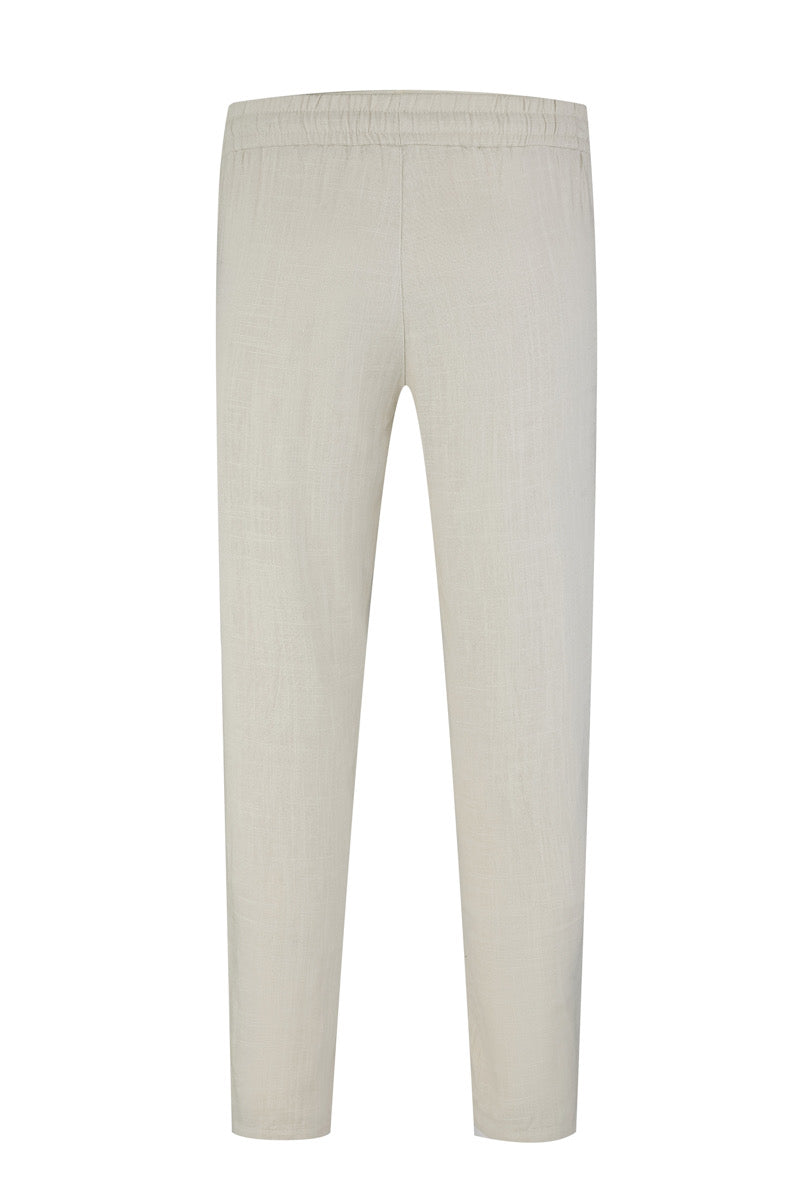 Achteraanzicht van de linnen tweekleurige herenbroek met elastische taille.